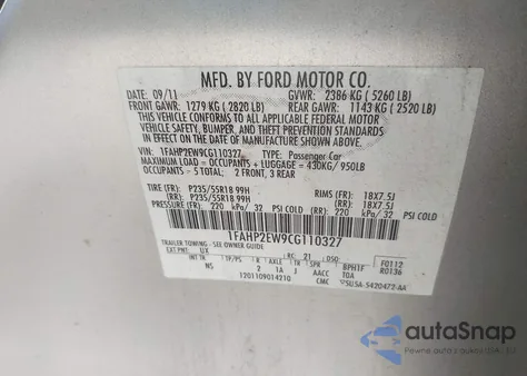2012 Ford Taurus Sel from USA, damaged, VIN 1FAHP2EW9CG110327